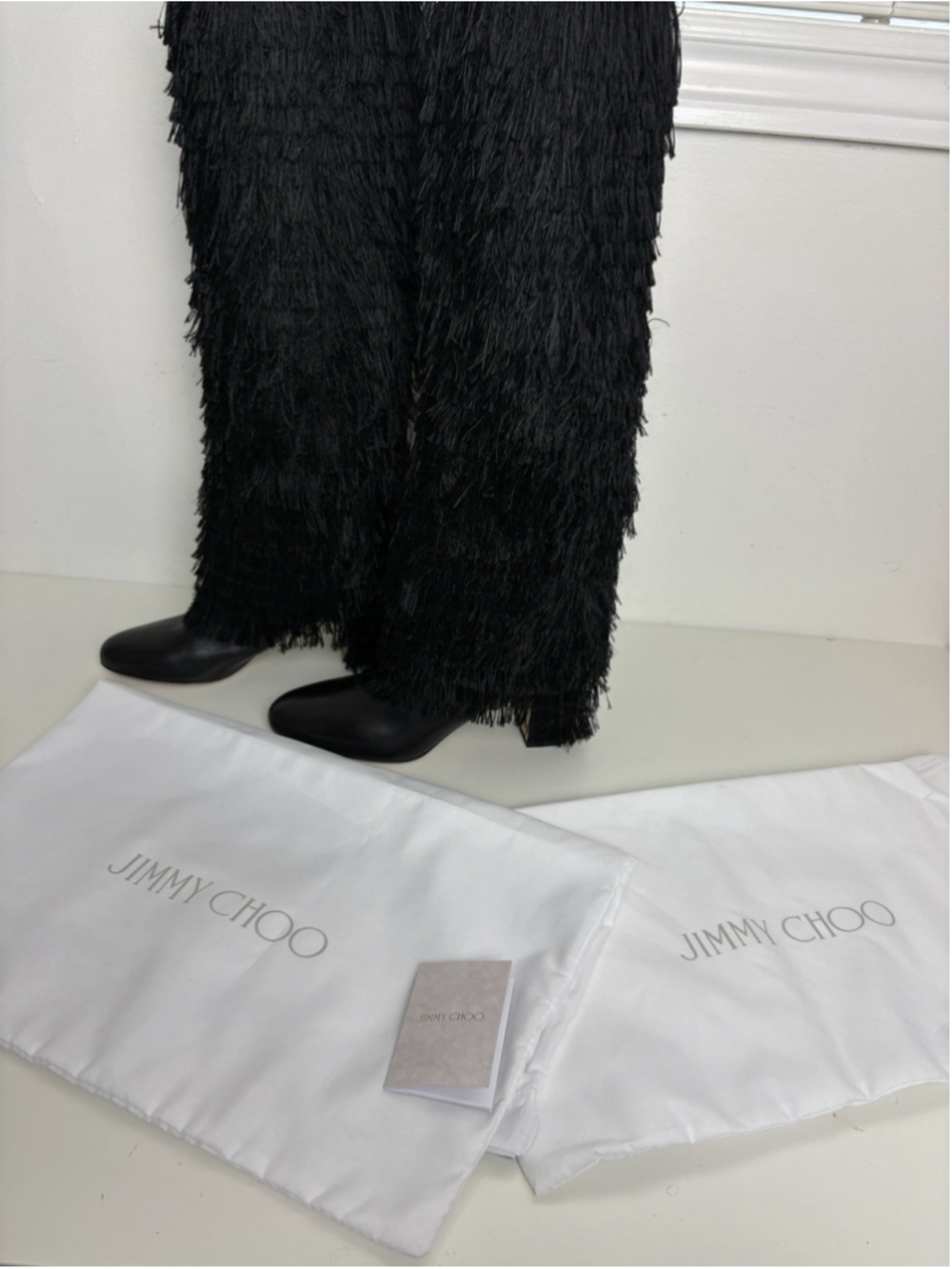 Jimmy Choo Knee High Boots Black Leather Size 37 Magalie Fringe - Picture 6 of 16